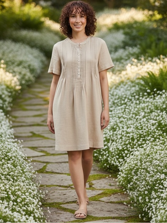Quince Dresses & Skirts - QUINCE 100% EUROPEAN LINEN SHORT SLEEVE MINI SWING DRESS SZ L IN DRIFTWOOD